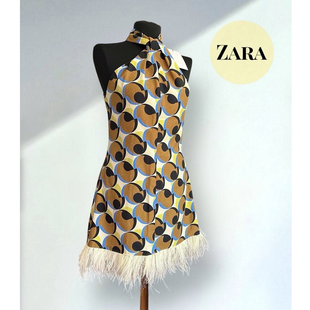Zara NWT Geometric Halter Feather Hem Mini Dress S - Picture 13 of 16